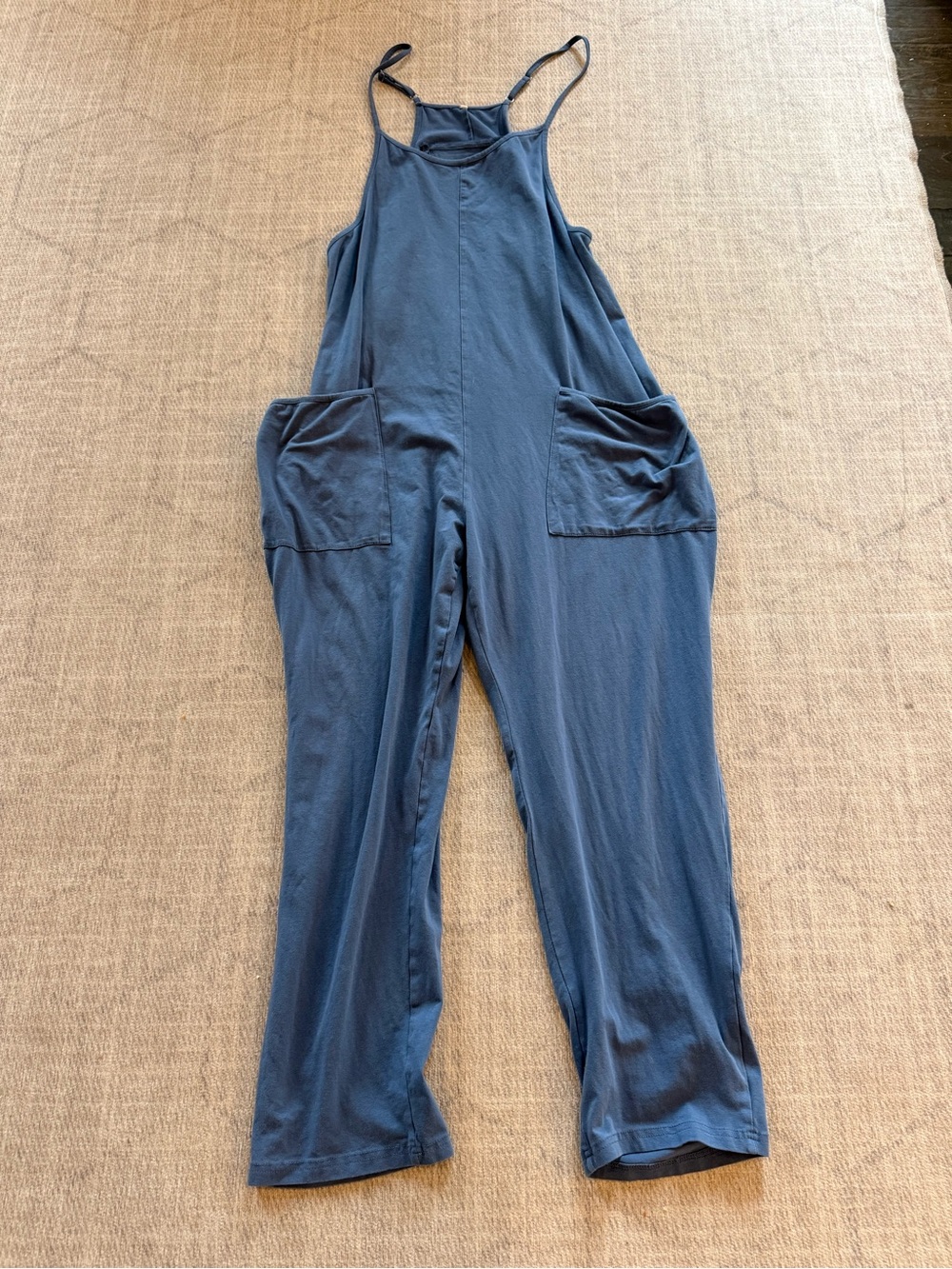 Blue Cotton Stretch Overall Jumpsuit Wide Leg Pocket Romper Large